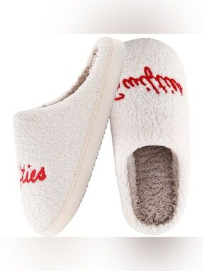 Cozy Women's White Sherpa Slip-On Slippers with Red Embroidered Script